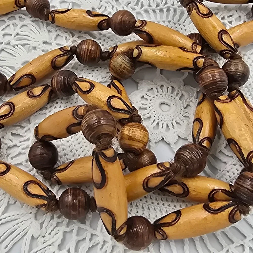 Vintage 90s Brown Wood Chunky Bead Necklace Earthy Statement Fashion Jewelry